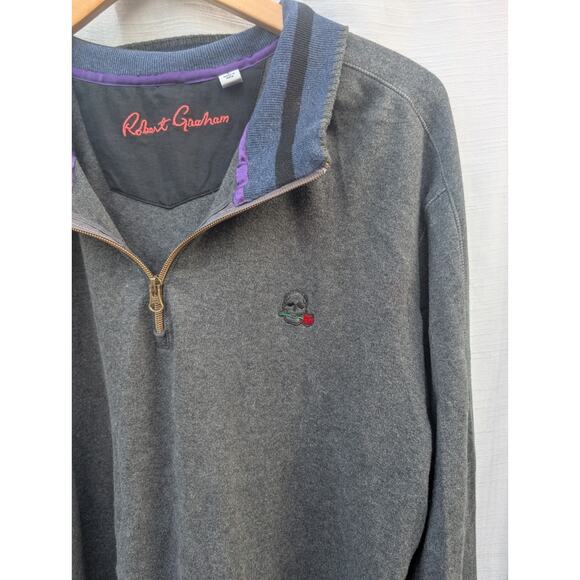 Robert Graham Mens Skull Rose Logo Half Zip Pullover Sweater Sz Large Charcoal - Picture 2 of 6